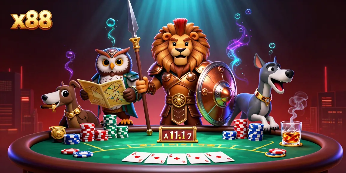 Experience the excitement of x88 with a dynamic poker scene featuring a strategic lion and owl.