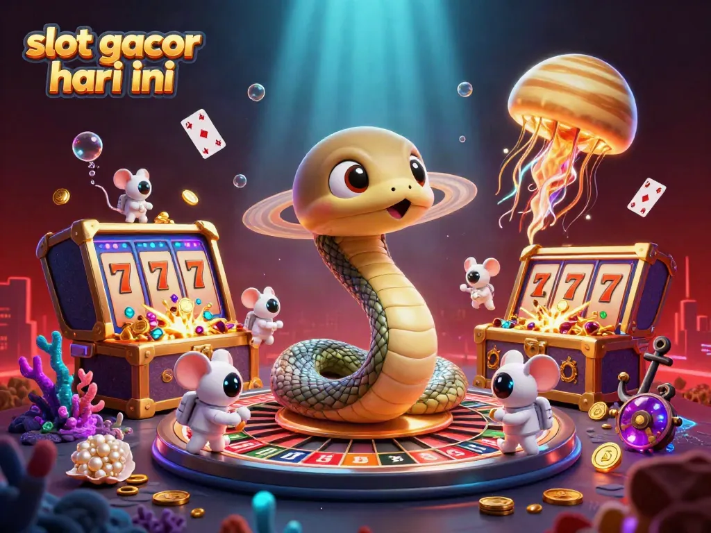 Slot gacor hari ini dengan karakter yang menarik dan elemen kasino di latar belakang yang mengesankan.