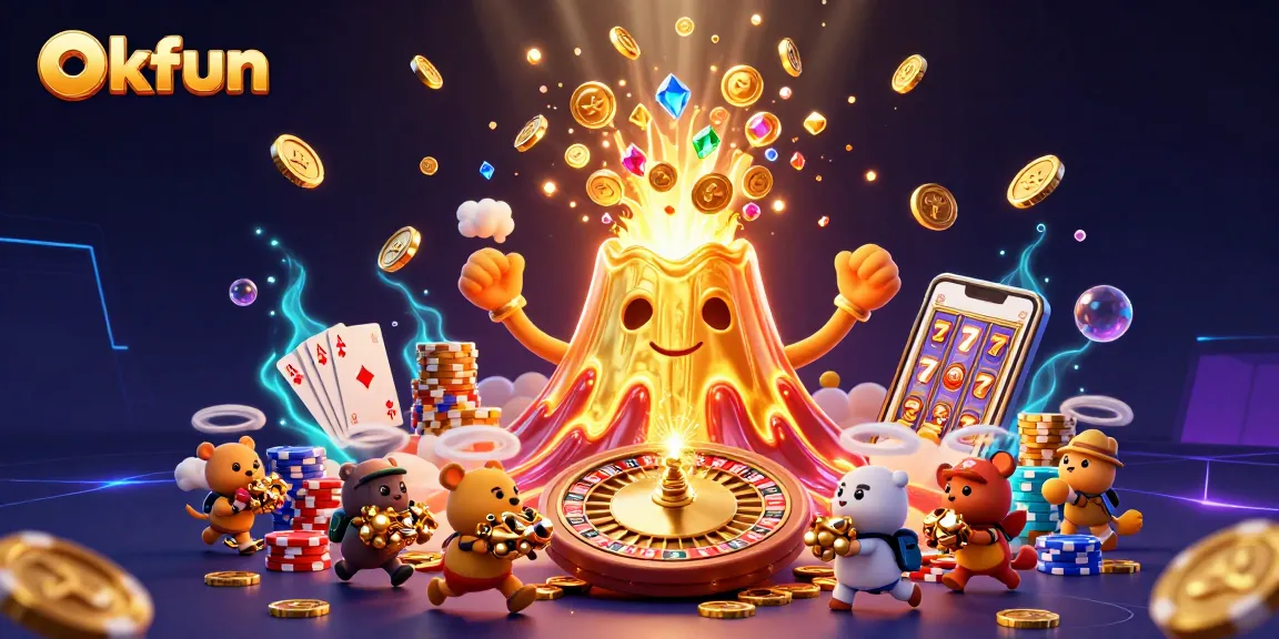Experience thrilling wins at okfun with a golden volcano erupting treasures amidst vibrant casino elements.