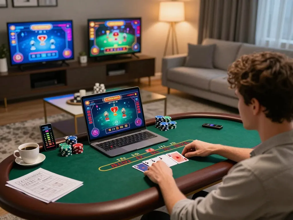 Player enjoying UU88 online casino experience with live dealer blackjack strategy in a stylish home setting.