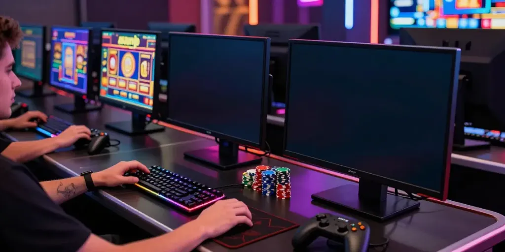 Exciting online gaming scene featuring akunjp's vibrant slot games and gaming setup.
