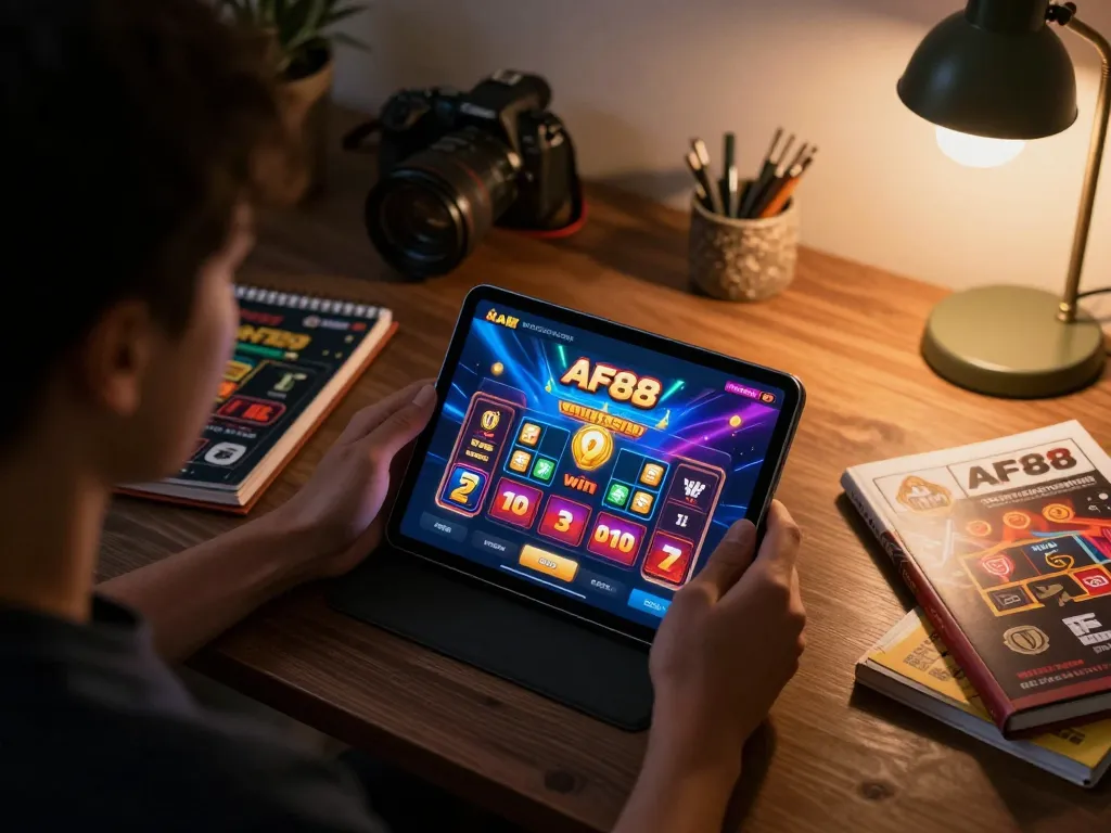Player engaged in AF88 win online gaming session with colorful graphics displayed on tablet.