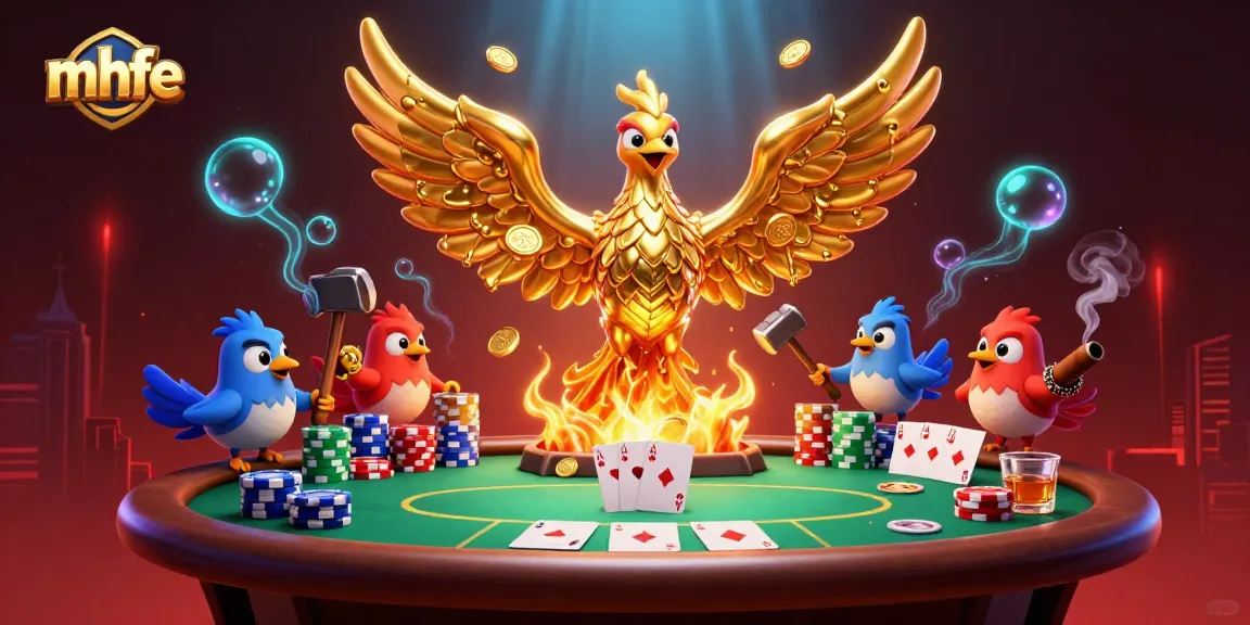 A dynamic poker scene featuring a golden phoenix and its sparrow assistants at a poker table, exploring the vibrant world of mhfe.