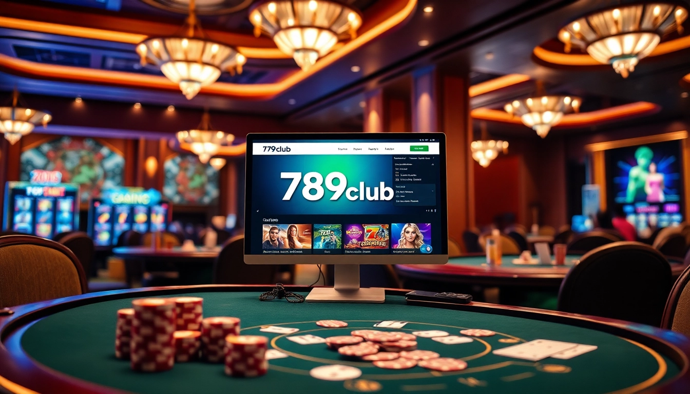 Experience the thrill of gaming at 789club, featuring a vibrant online gambling atmosphere with casino tables and slot machines.