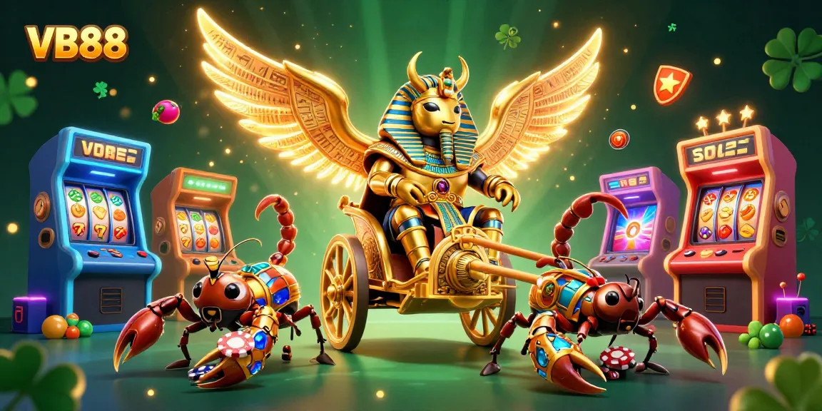 Experience the thrill of VB88 with a vibrant online casino scene featuring golden scarabs and game elements.