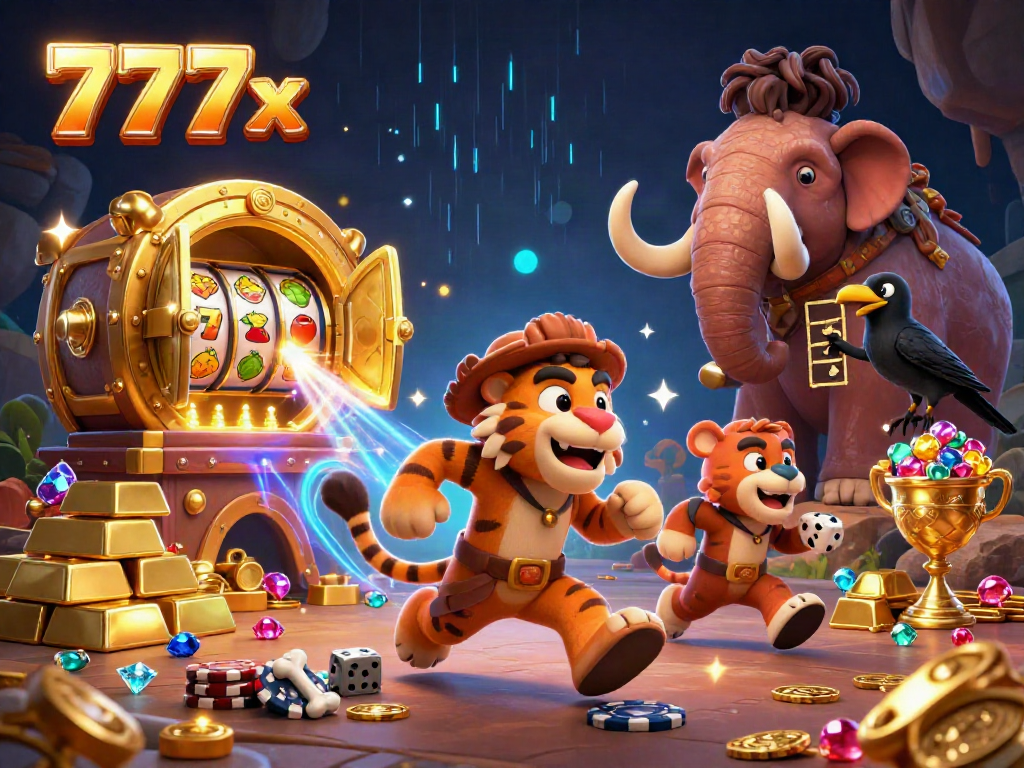 Engage in thrilling action at 777x with a vibrant prehistoric casino scene featuring cavemen, a sabertooth tiger, and gold treasures.