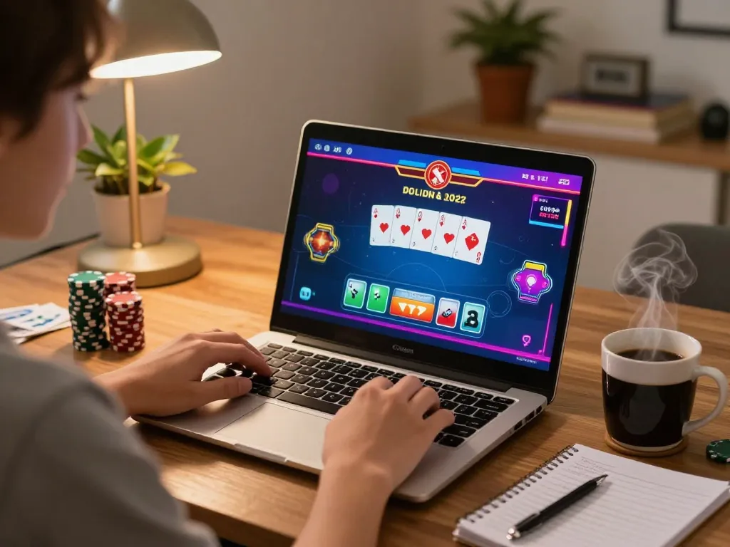 Engaging in a thrilling online poker session on a laptop at home for open 88