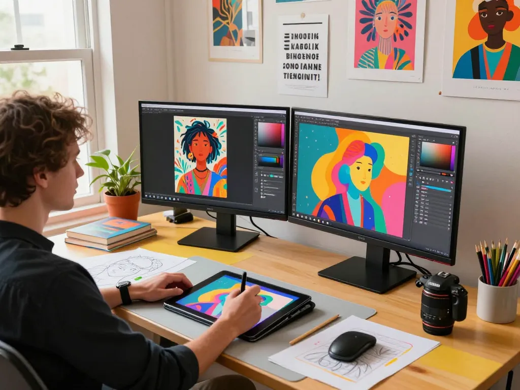 Dynamic artist workspace showcasing nano banana AI image editing tools enhancing creativity through advanced technology