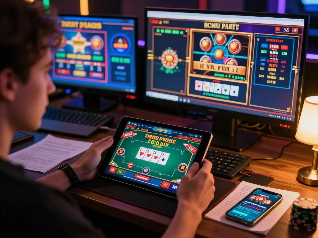 Engaging in TT88 poker gameplay on a tablet, showcasing a strategic online gaming setup.