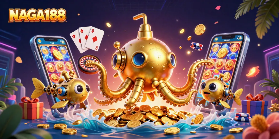 NAGA188 menghadirkan pengalaman bermain kasino yang menarik dengan ilustrasi 3D kraken dan elemen permainan slot.