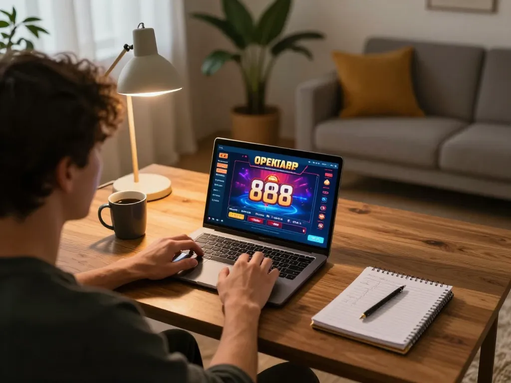 Experience exciting gameplay on open 88 casino app in a cozy home setting with a player using their laptop