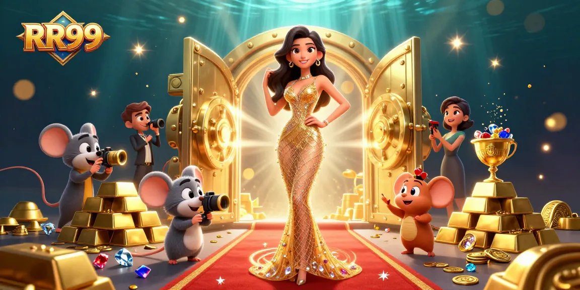 Win big at RR99 in this vibrant casino scene featuring a glamorous woman and treasure elements.