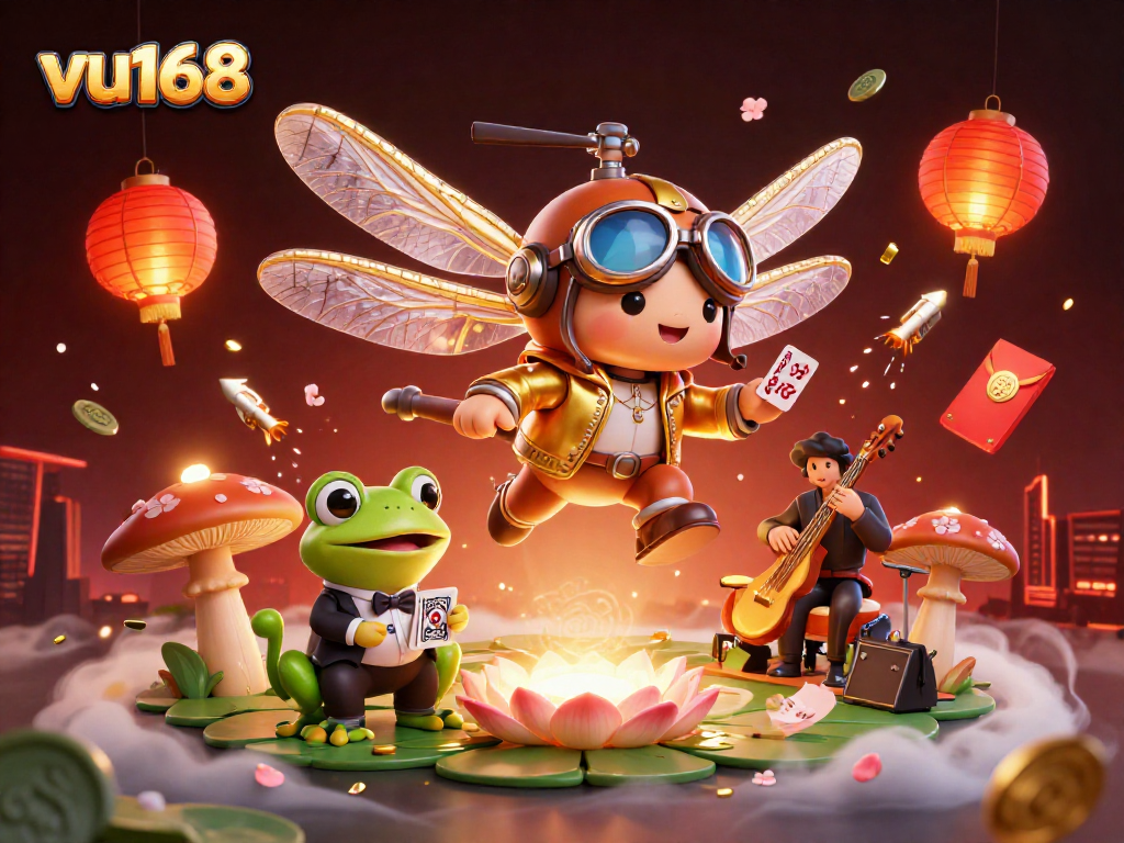 Experience the exciting world of vu168 with a vibrant 3D illustration of a dragonfly pilot, frog croupier, and live musicians.