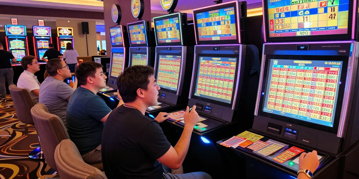 Excited players checking Toto 4D results in a lively casino atmosphere.