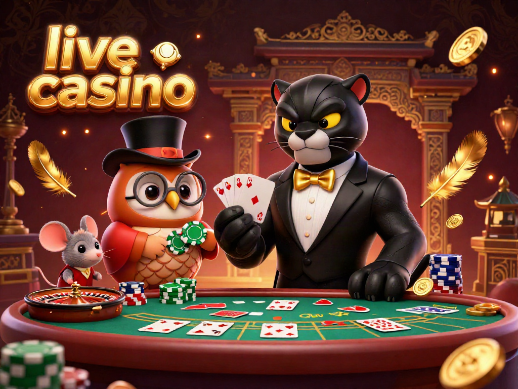 Pengalaman live casino mengasyikkan dengan dealer dan karakter bermain kartu bersama dalam suasana meriah.