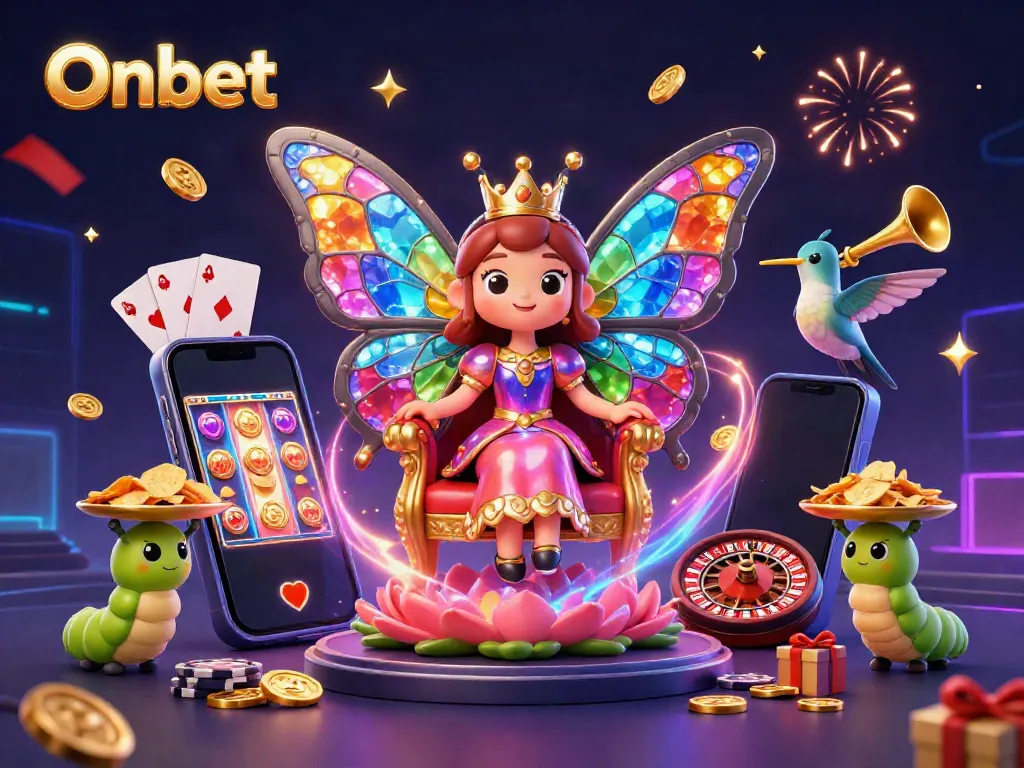 Experience thrilling gaming at Onbet with colorful slots, vibrant casino elements, and joyous characters.