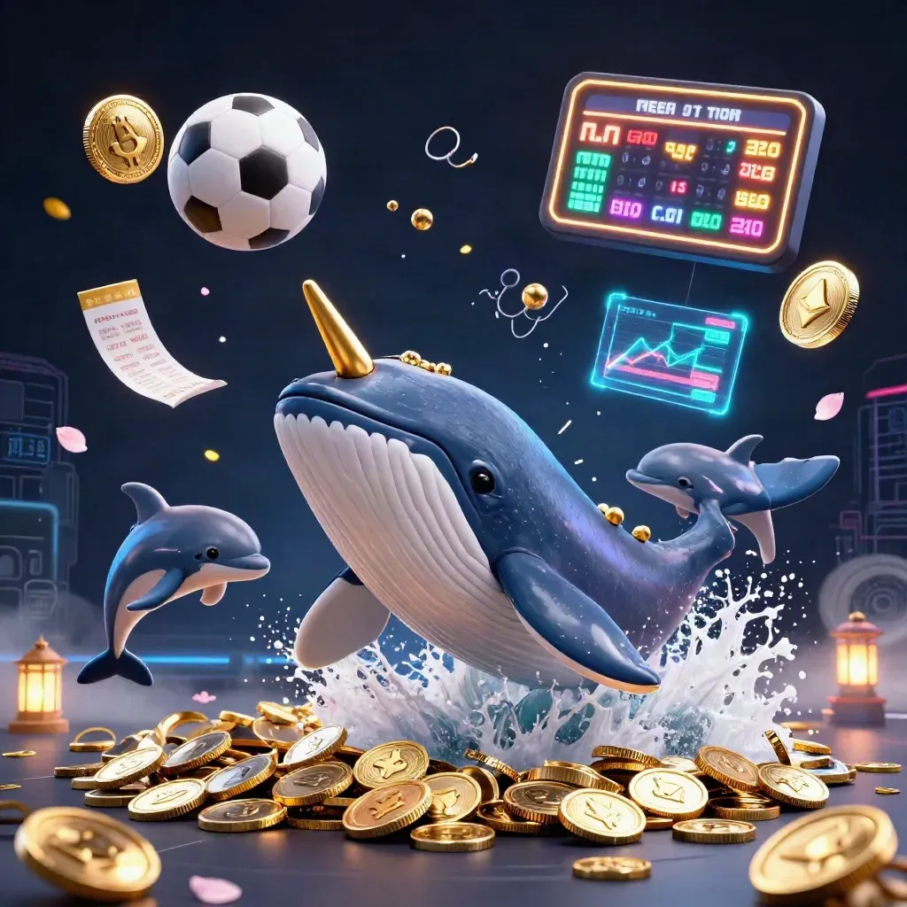Whale captain, narwhal, and dolphins burst through coins with glowing casino sports props.