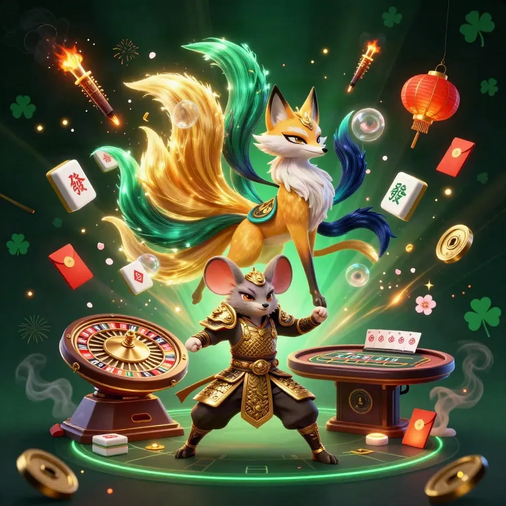 Fox spirit and samurai mouse amid casino treasures, lanterns, coins, and glowing light.