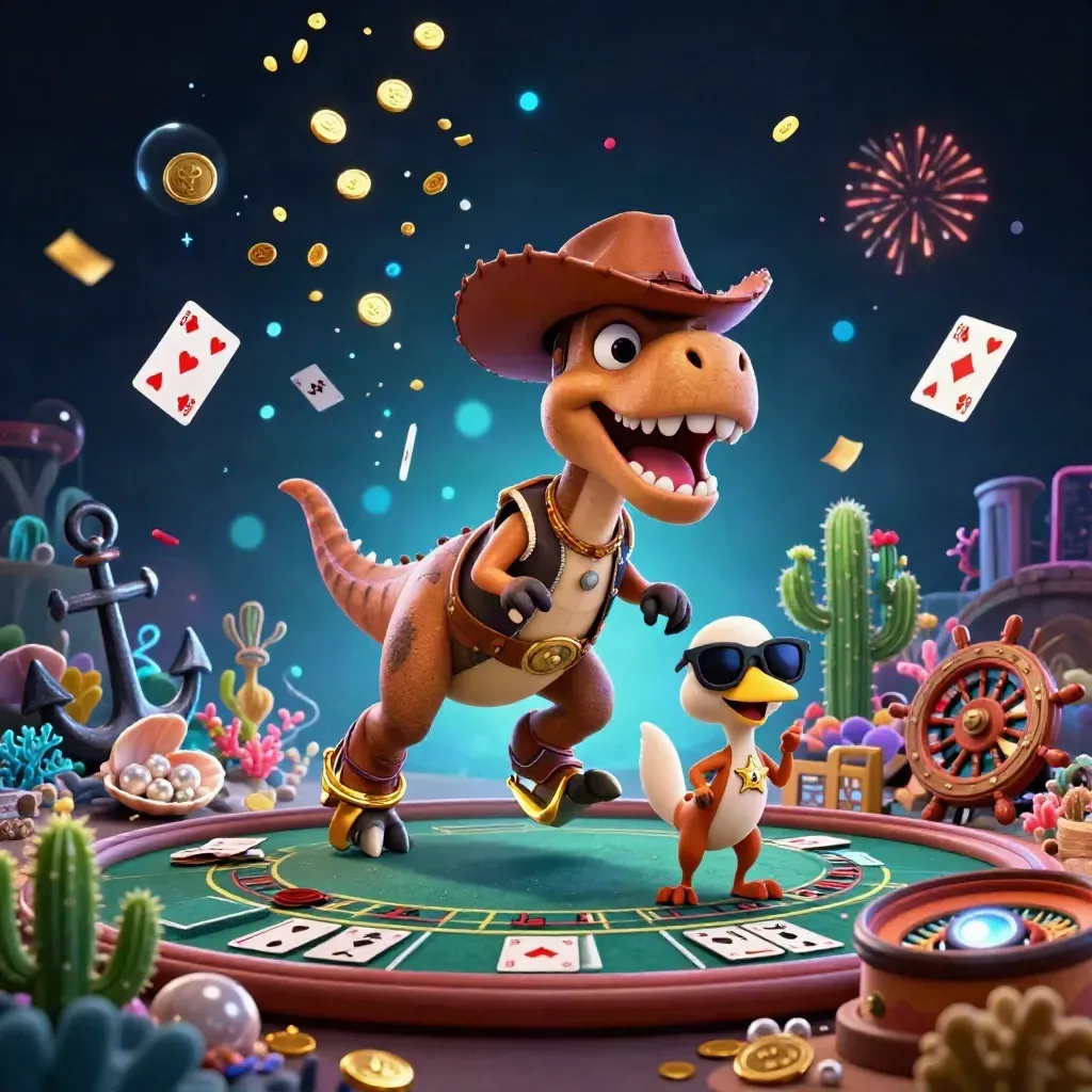 Cowboy T-Rex, cactus buddy, and roadrunner amid treasure, coral, and casino magic.