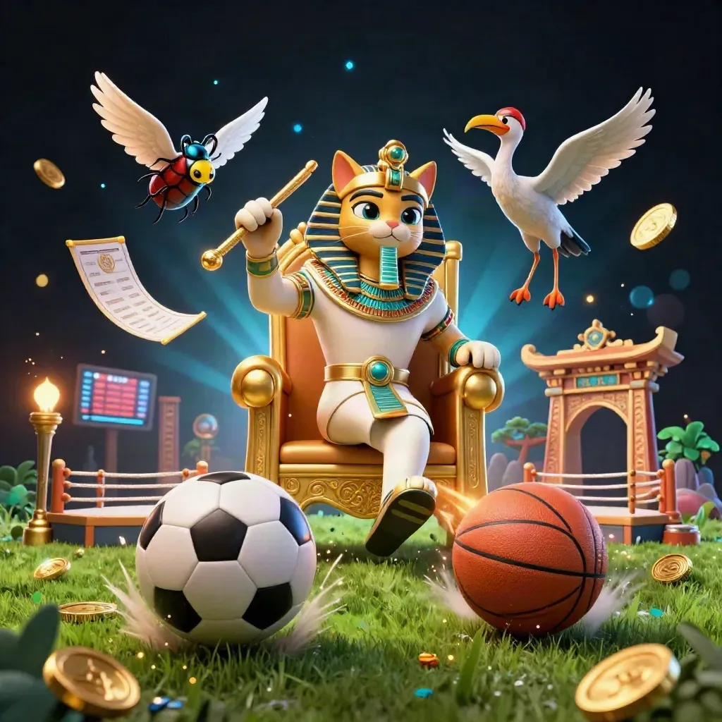Pharaoh cat, ibis scribe, and gem-winged scarabs amid flying balls, coins, and gold light.