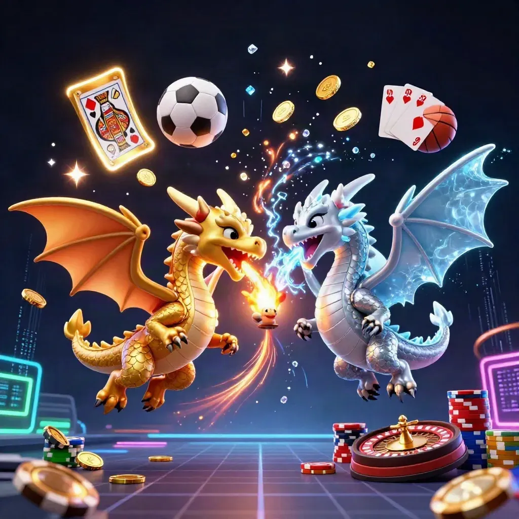 Gold and silver dragons clash mid-flight amid casino chips, coins, and neon energy.