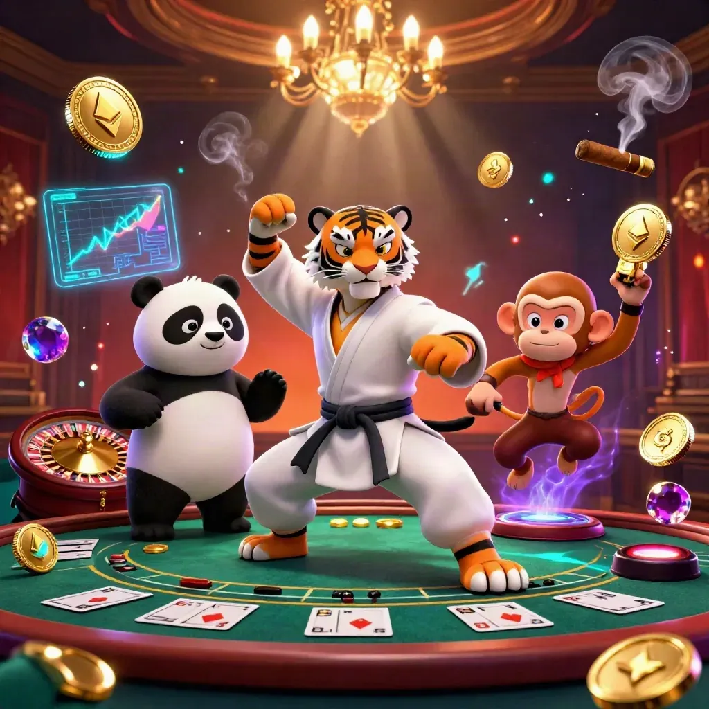 Kung-fu tiger, panda, and monkey in a glowing casino with coins, crypto, roulette, and neon magic