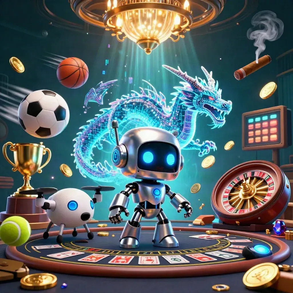 Cyberpunk robot, holographic dragon, and coin drone in a luxe casino scene.