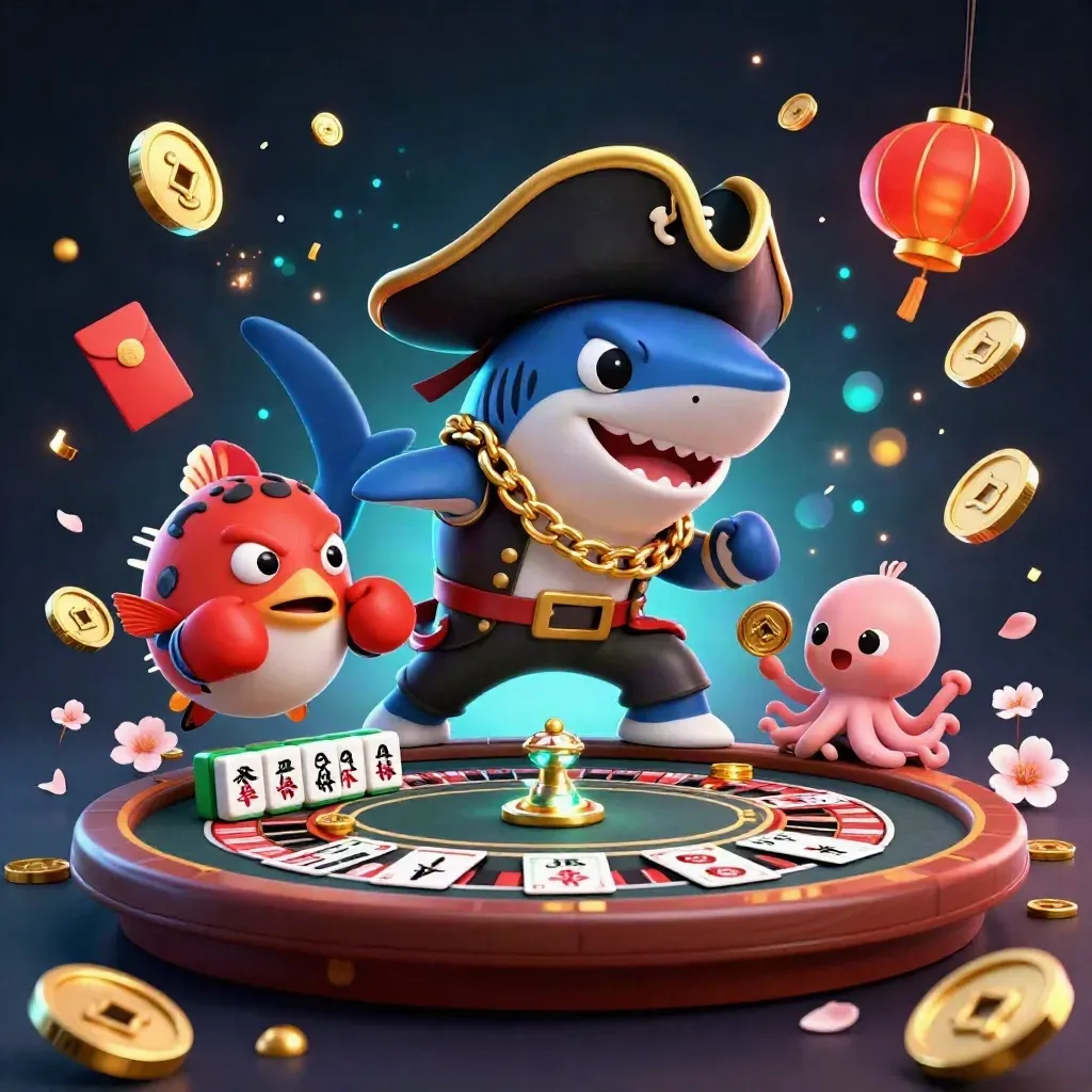 Pirate shark, boxing pufferfish, and coin-juggling octopus amid casino lights, lanterns, and a spinning wheel.