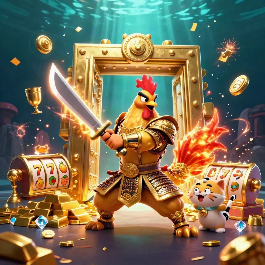 Rooster samurai, spark-breathing dragon hatchling, and cheering fortune-cat amid vault gold and gems.