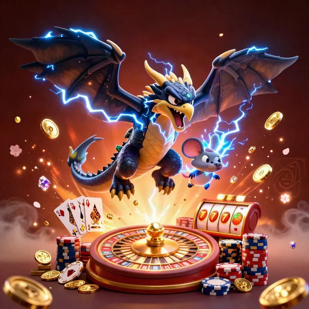 Thunder dragon, wind hawk, and static mouse amid coins, gems, chips, roulette, and ember glow.