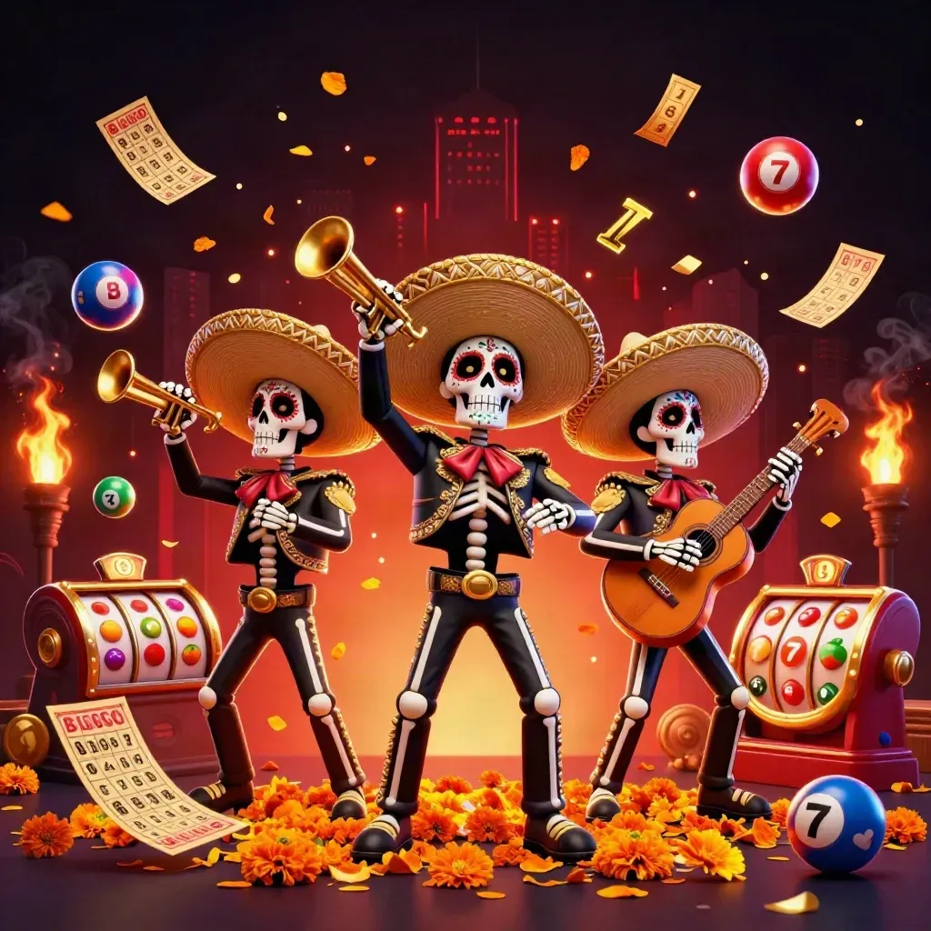 Skeleton mariachi trio amid casino symbols, petals, embers, and glowing skyline lights.