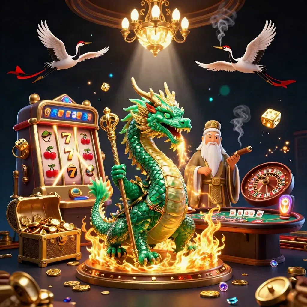 Dragon, turtle sage, and cranes amid casino magic, jackpot burst, gold, smoke, and neon glow.