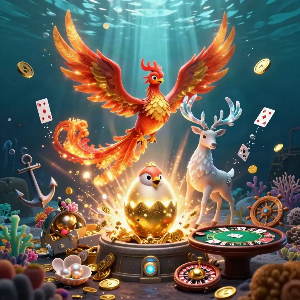 Phoenixes and stag erupt from a vault amid coins, coral, cards, wheels, and underwater light.