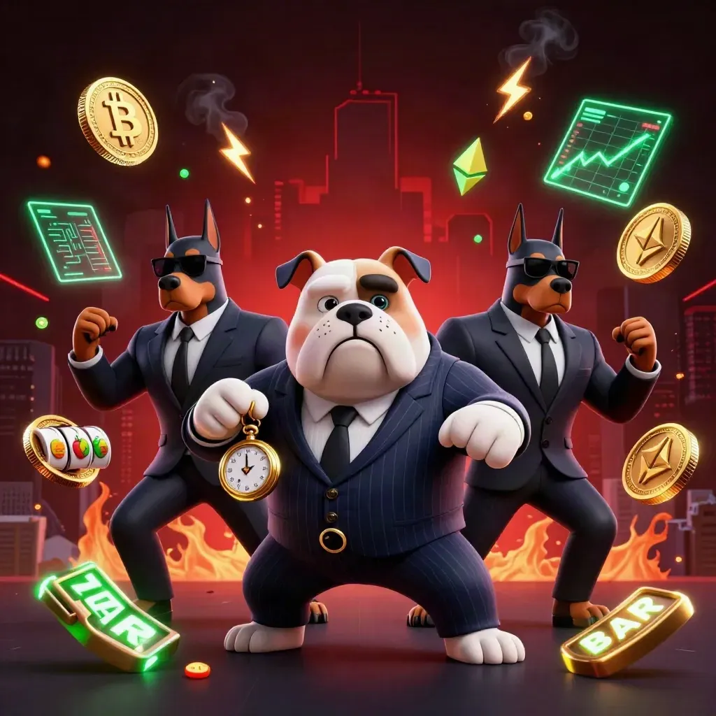 Bulldog mafia boss with Doberman guards amid neon coins, reels, and casino bursts.