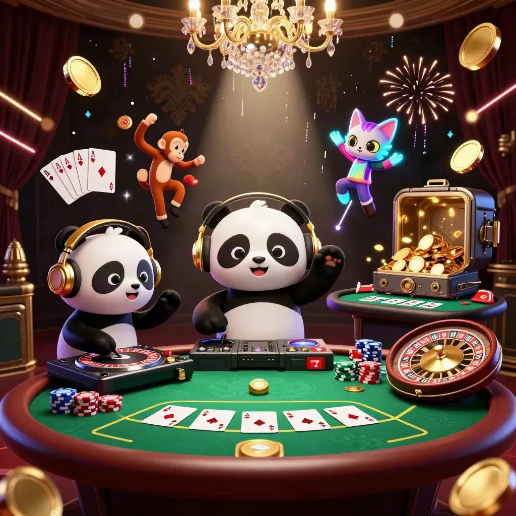DJ panda, breakdancing monkey, glow-stick kitten amid vault coins, chips, fireworks and neon casino glow.