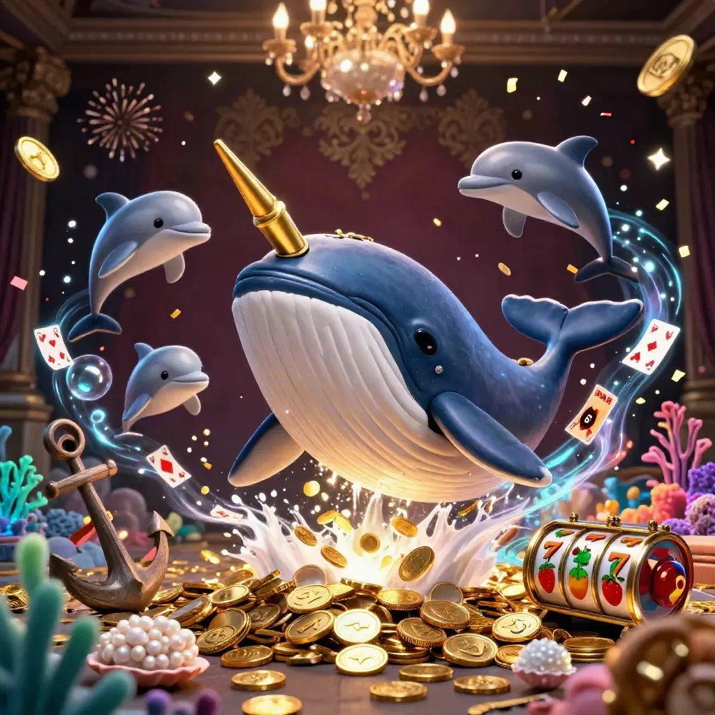 Captain whale, narwhal, and dolphins burst through coins in a luxe casino treasure cove.