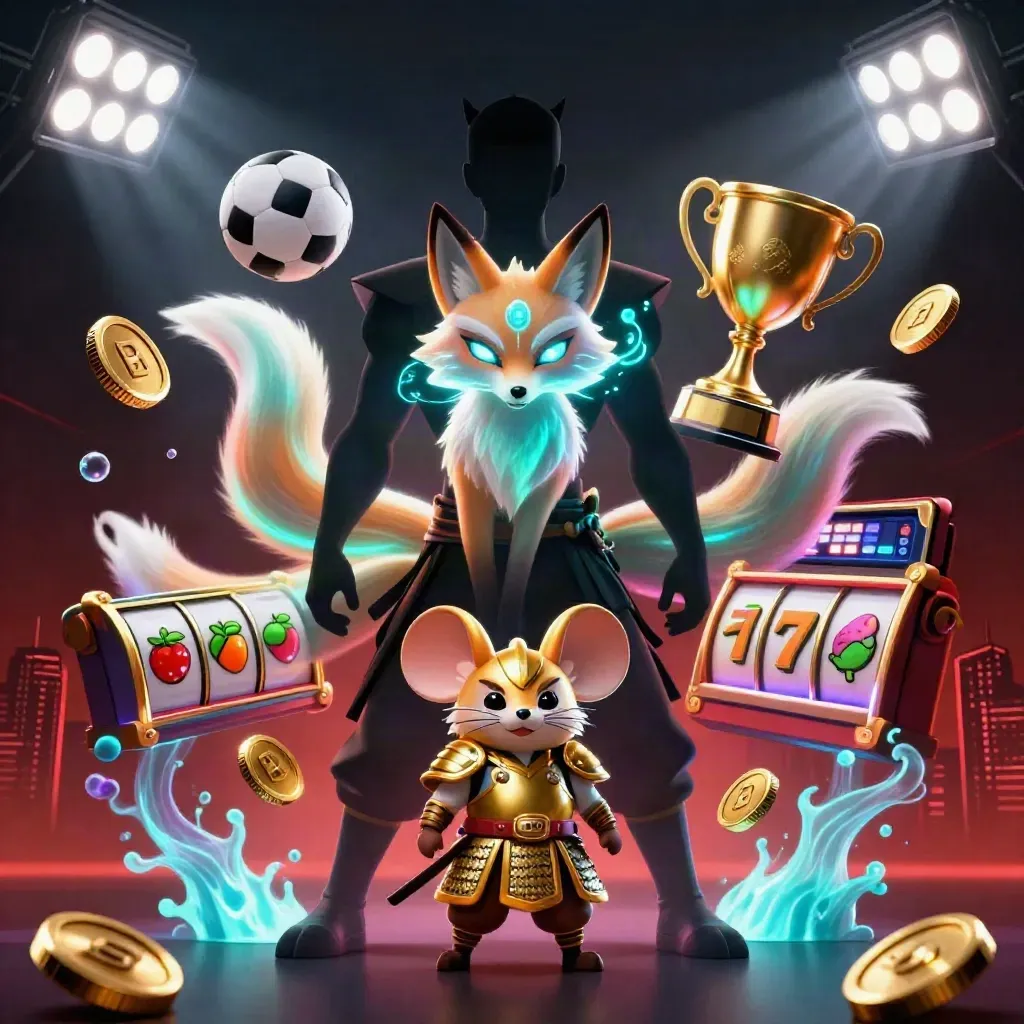 Neon fox spirit with armored mouse amid casino symbols, coins, trophies, and dramatic red-gold glow.
