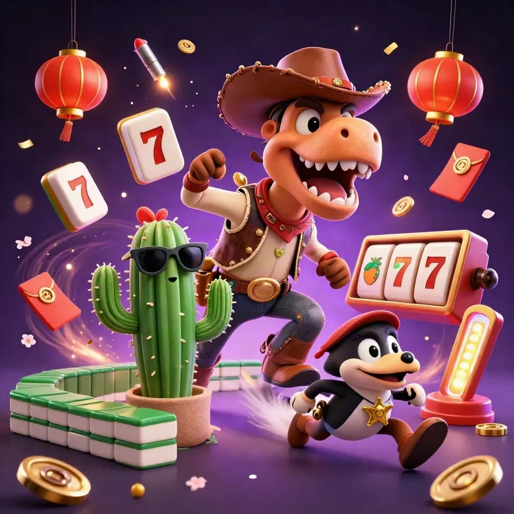 Cartoon cowboy T-Rex, cactus sidekick, and roadrunner amid casino jackpots, coins, reels, and glowing effects