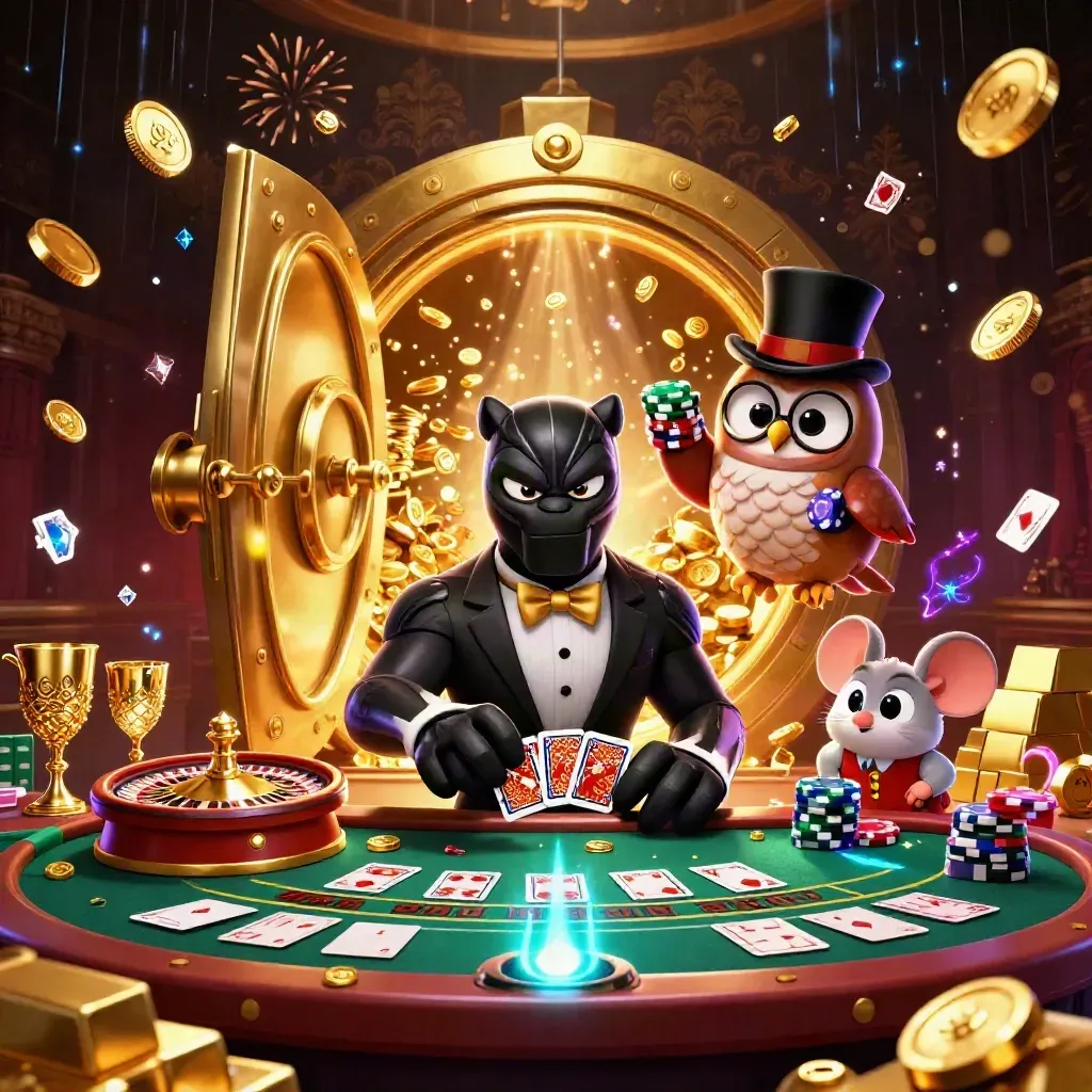 Panther dealer, owl, and mouse burst from a glowing vault amid gold, gems, roulette, and sparks.