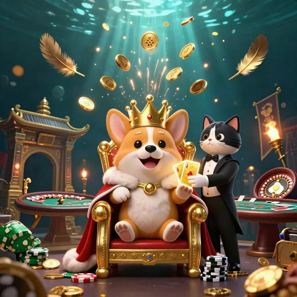 Royal corgi and cat butler amid vault coins, fireworks, and casino props