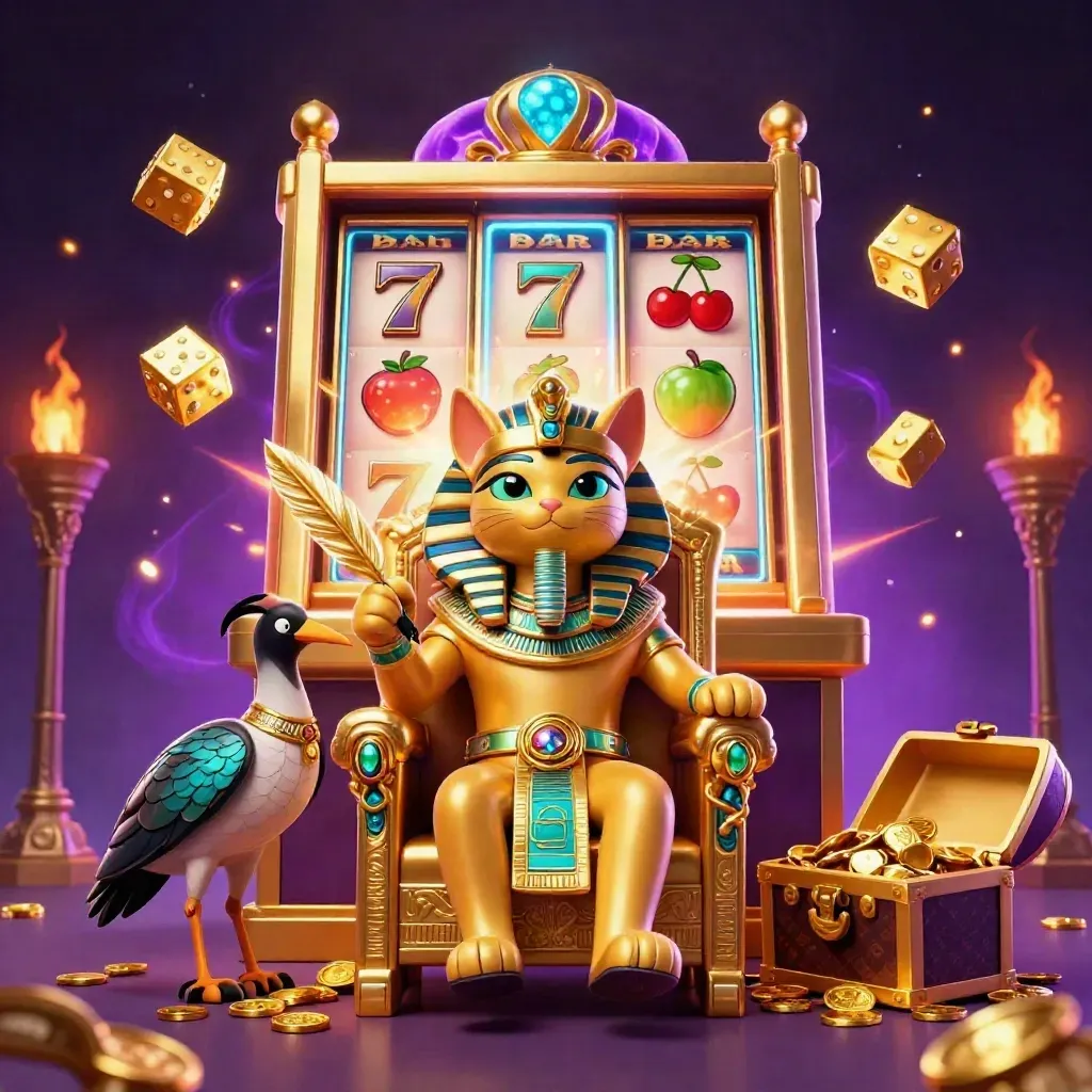 Pharaoh cat on golden throne with ibis scribe, scarabs, and exploding slot machine in a purple starry vault.