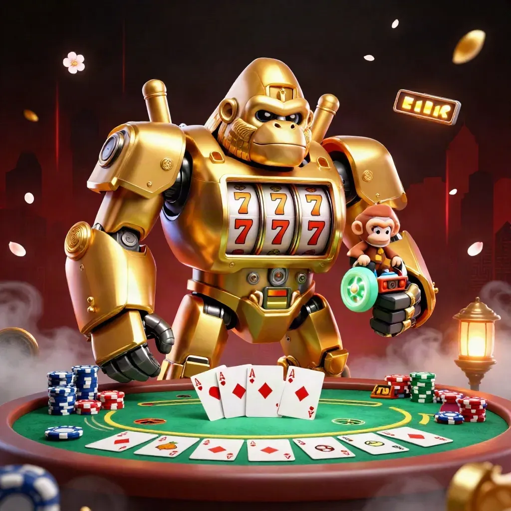 Golden gorilla mech with a tiny monkey pilot, poker chips, cards, and mint-green slot reels.