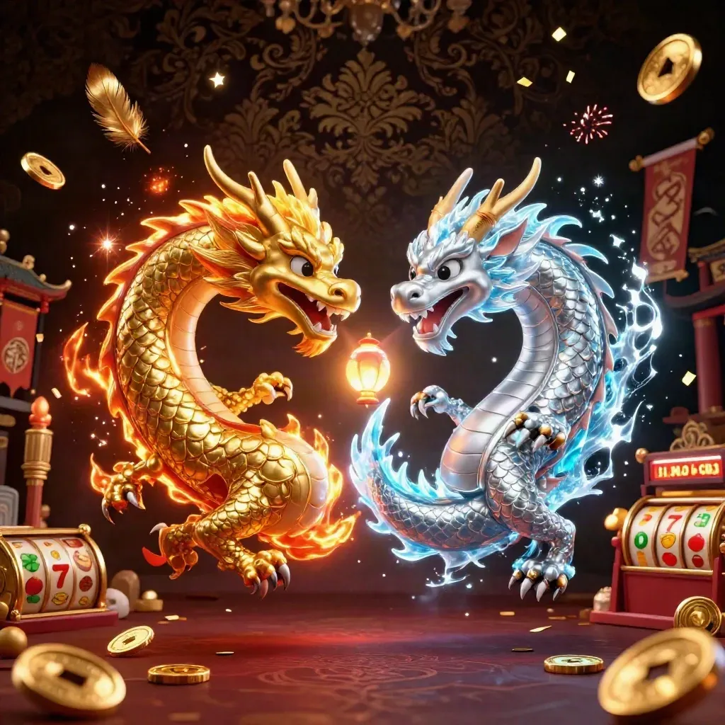 Twin gold and silver dragons swirl in fire and ice amid luxe casino glow.