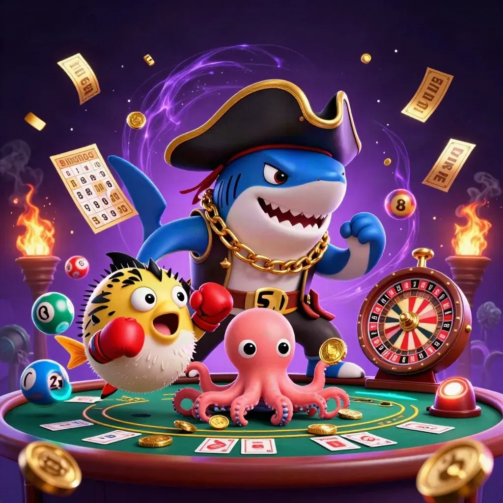 Shark captain, pufferfish, and baby octopus amid glowing casino tokens and neon vault energy