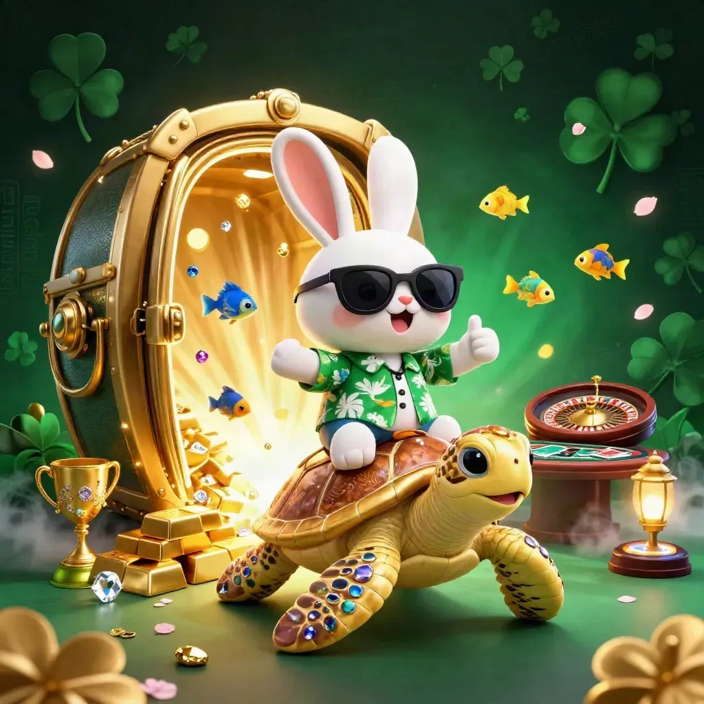 Lucky rabbit on golden sea turtle amid vault glow, gold, gems, roulette and cards