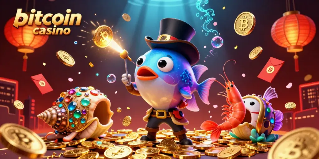 Experience thrilling wins at our bitcoin casino with vibrant underwater characters and glowing elements.