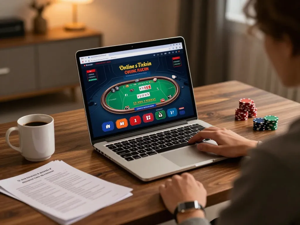 Engaged user playing poker on 98win com, showcasing strategy notes and a cozy home environment.