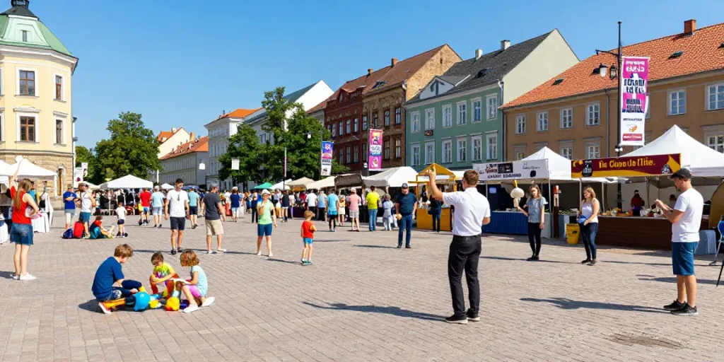 Vibrant city square scene showcasing events and entertainment at Kur pramogauti.lt.
