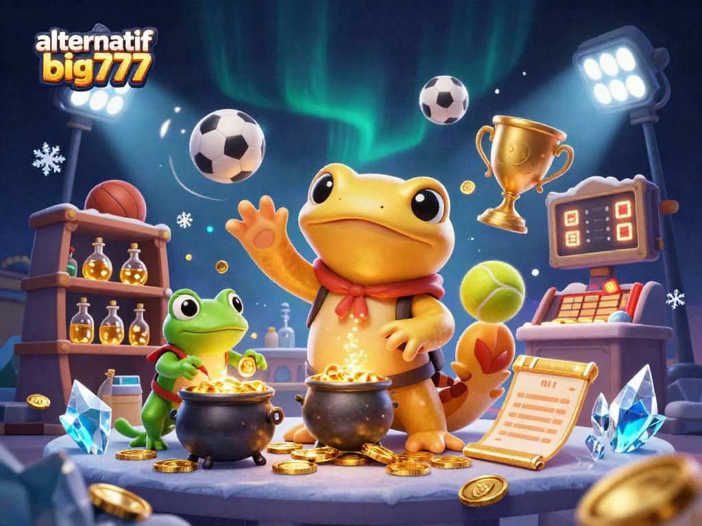 Menggali alternatif big777 dengan alchemist emas raksasa dan bola olahraga melayang.