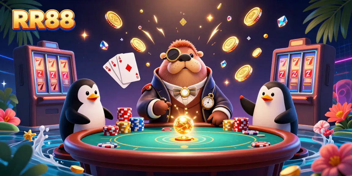 Play exciting games at RR88 with our engaging casino scene featuring a jolly walrus, penguin dealer, and lively gameplay.